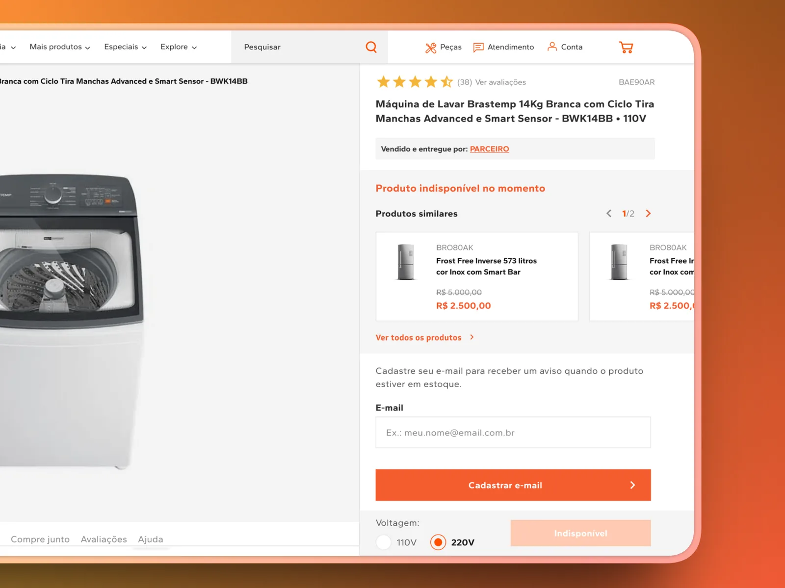 Mockup da página de produto da Brastemp com estado de indisponibilidade e produtos similares, sobre fundo laranja