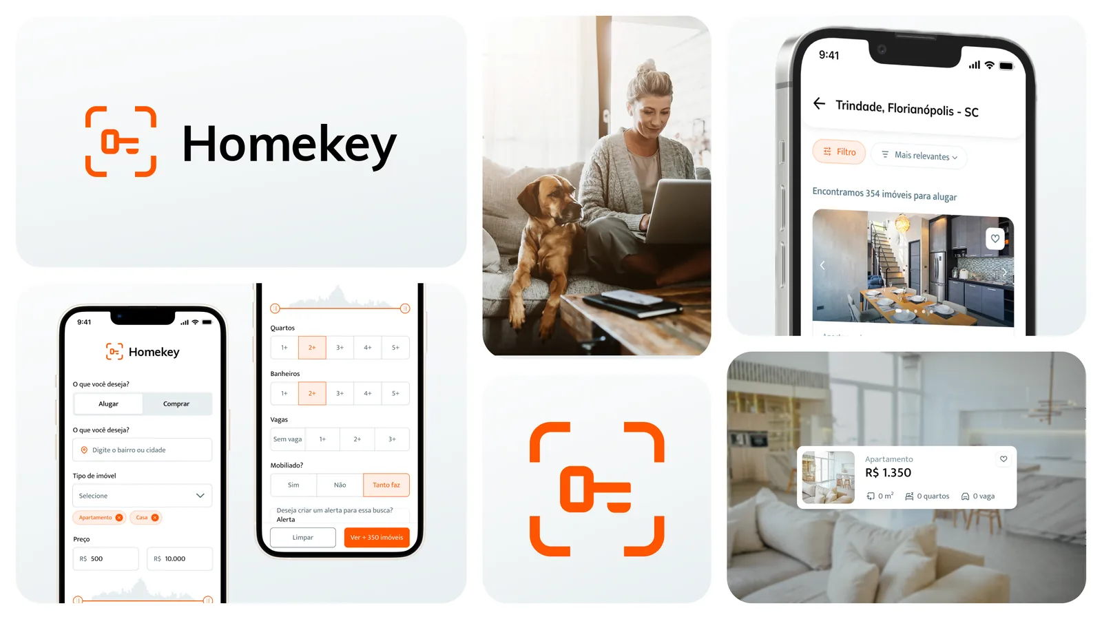 Mãos segurando um celular com a tela de detalhe de imóvel do app Homekey