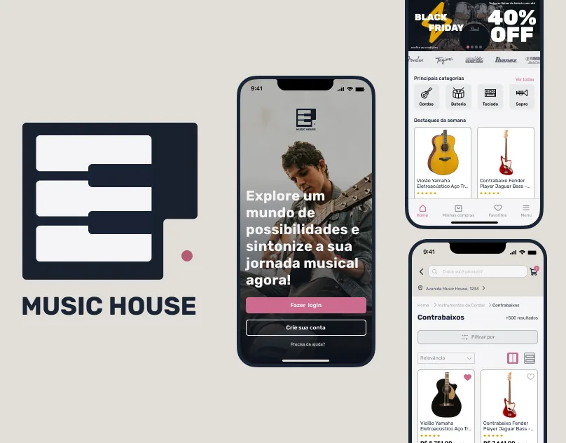 Telas do e-commerce Music House com a marca e a home da loja